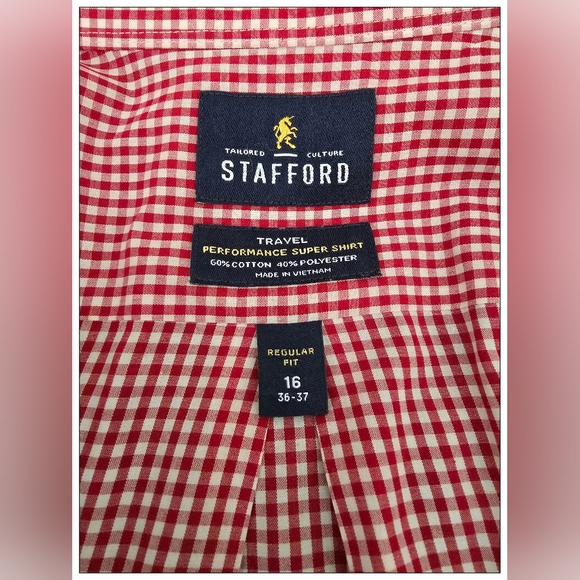 EUC Mens Red/White Dress Shirt 16 neck 36/37 length by Stafford - Picture 2 of 5